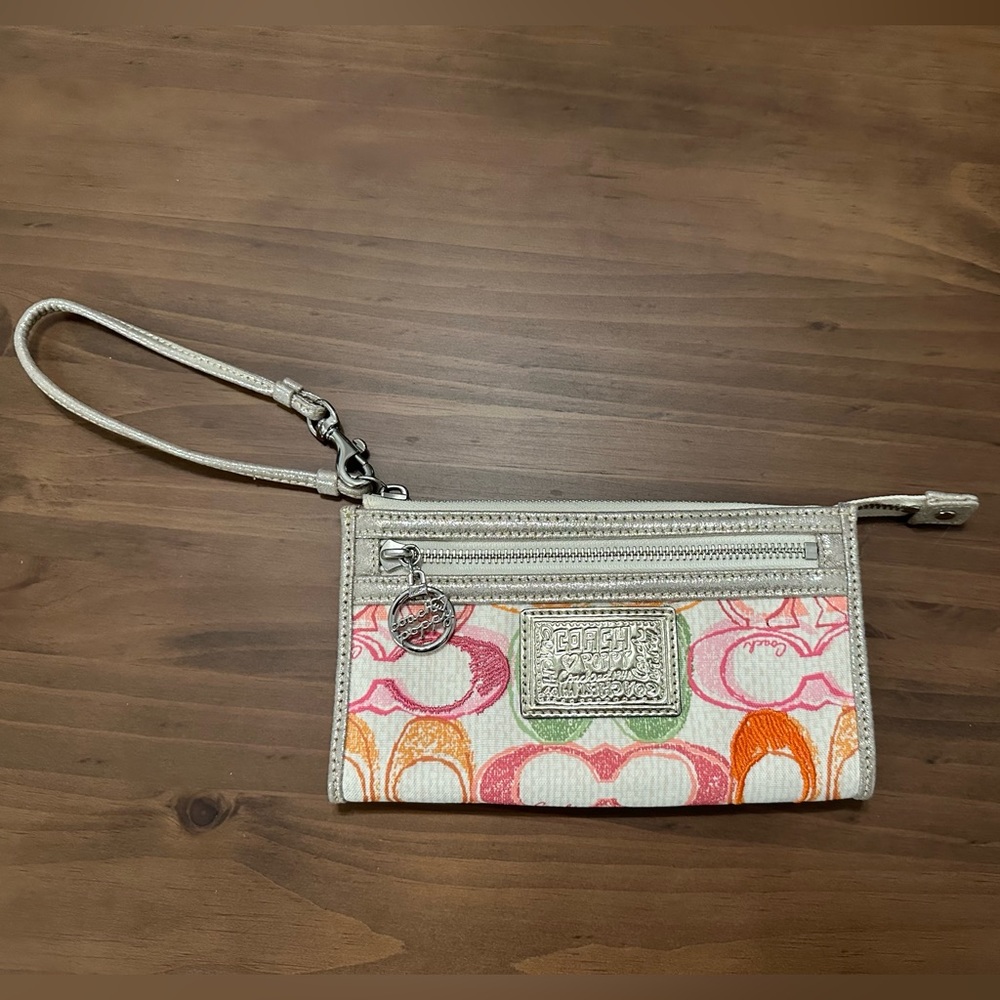 Coach Poppy Wristlet - Barbie Pink, Orange, and Green w Cream and Champagne Gold